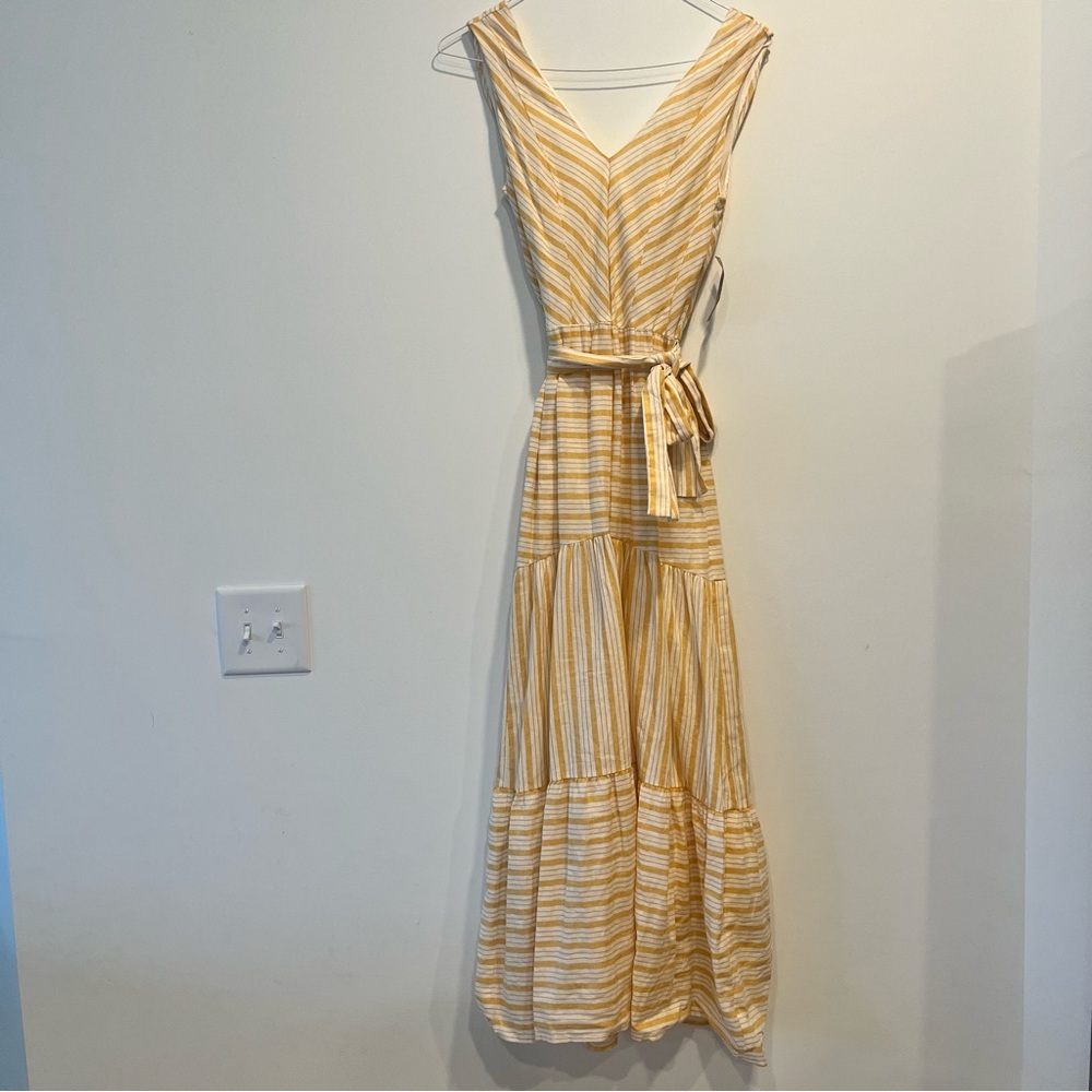 NWT Cremiuex Gold Yellow and Ivory Striped Tiered Bow Maxi Dress Size 2 - Picture 3 of 9